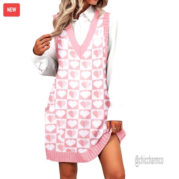 V-Neck Sweater Vest Dress Knitted Pullover with Pockets Casual Oversized
